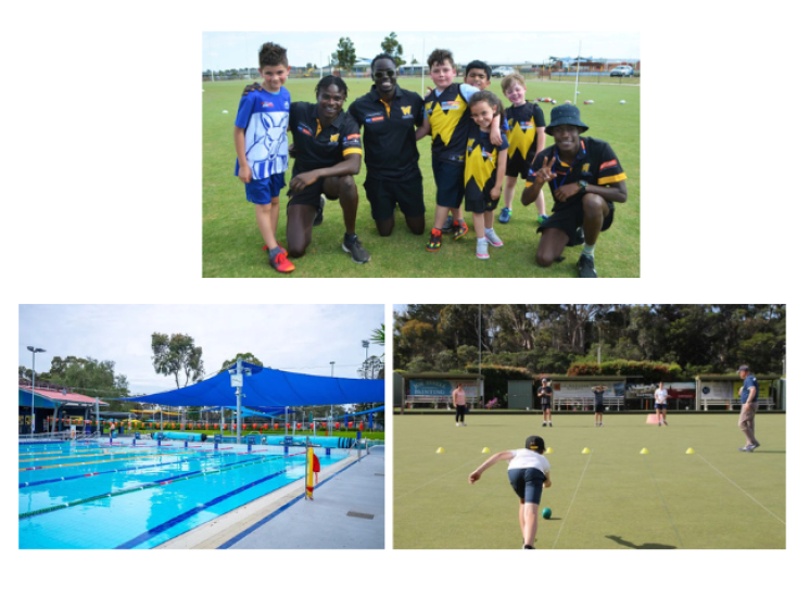 Three photos: one with children wearing a the Werribee Football Club top, a swimming pool and a boy playing lawn bowls