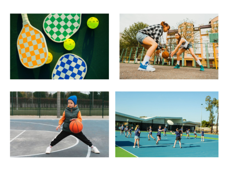Four pictures of pickleball batsm a kid bouncing a basketball, 2 girls bouncing a basketball and a Netball team playing