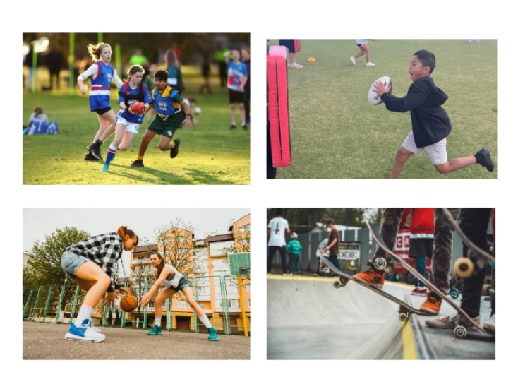 Four pictures of kids playing: AFL Footy, Basketball, Rugby League and Skateboarding