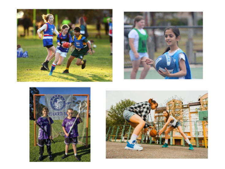 Four photos of children playing sport: Footy, Netball, Lacrosse and Basketball