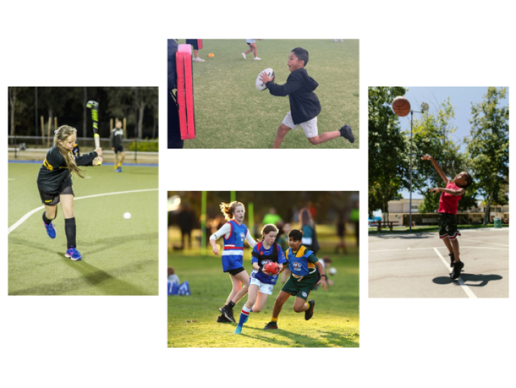 four photos of kids playing sport: hockey, Footy, Rugby League and Basketball
