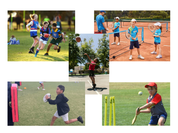 Five photos of kids playing Tennis, Footy, Rugby League, Basketball and Cricket