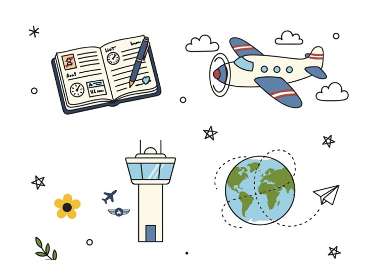 Cartoon showing passport, planes and travel
