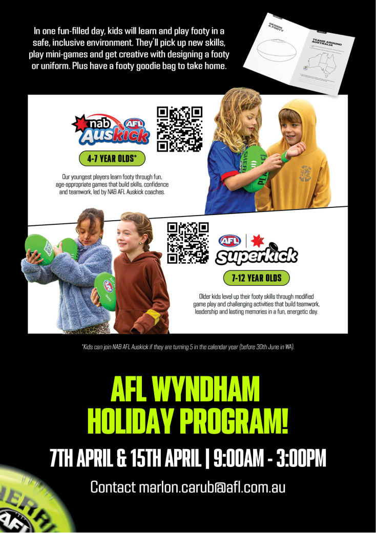 kids are holding a green AFL ball and smiling to each other