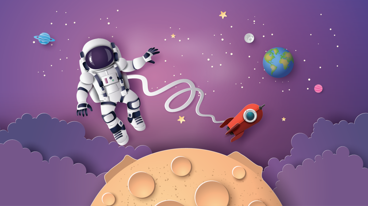 an astronaut bouncing on a moon cartoon style