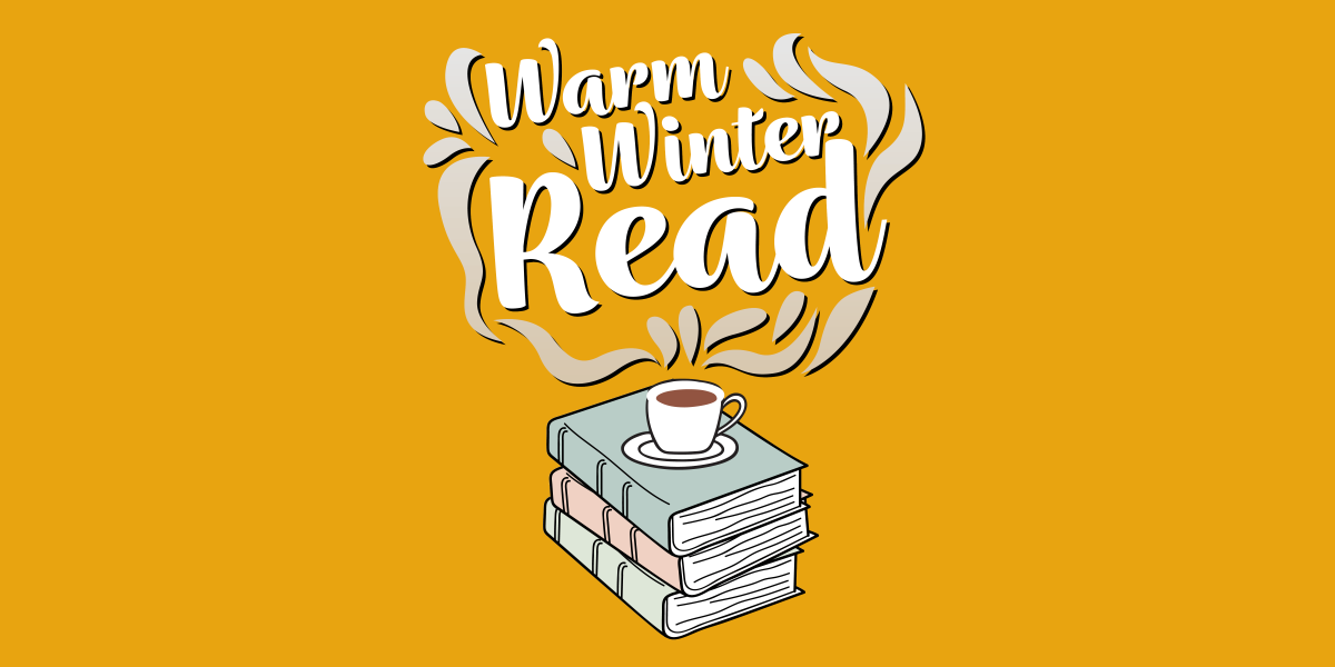 Warm Winter Read text over a stack of books