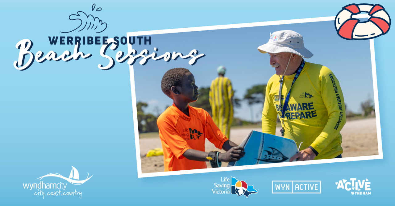 a man in a yellow sun safe top and hat talks to a boy in an orange sun safe top at the beach