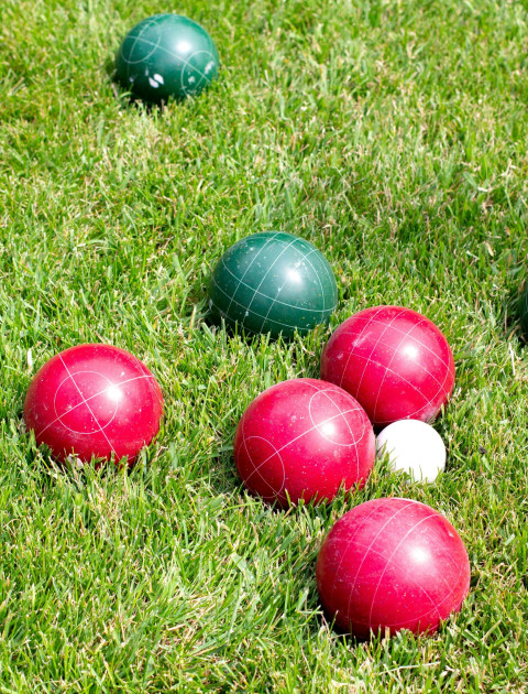 red and green lawn bowls are clustered around a white jack ball
