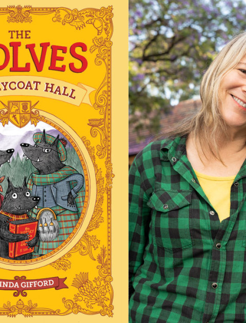 Book cover of Lucinda's book 'The Wolves of Greycoat Hall' next to a photo of Lucinda.