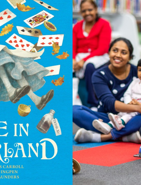 Picture book cover of Alice in Wonderland, next to a photo of families sitting on the floor in the library.