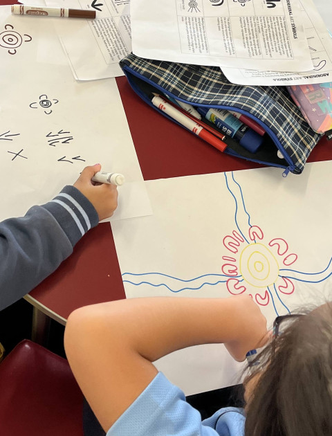 Children drawing aboriginal symbols