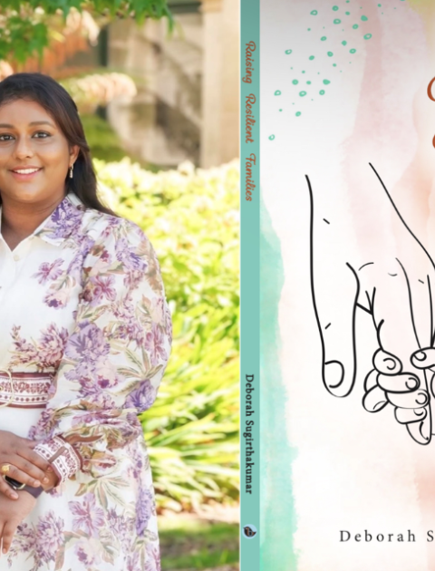 A photo of Author Deborah Sugirthakumar and the book cover for Raising Resilient Families.