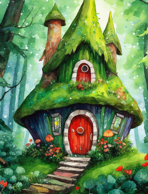Drawing of a house in a forest