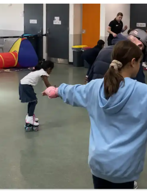 Kids trying roller skating