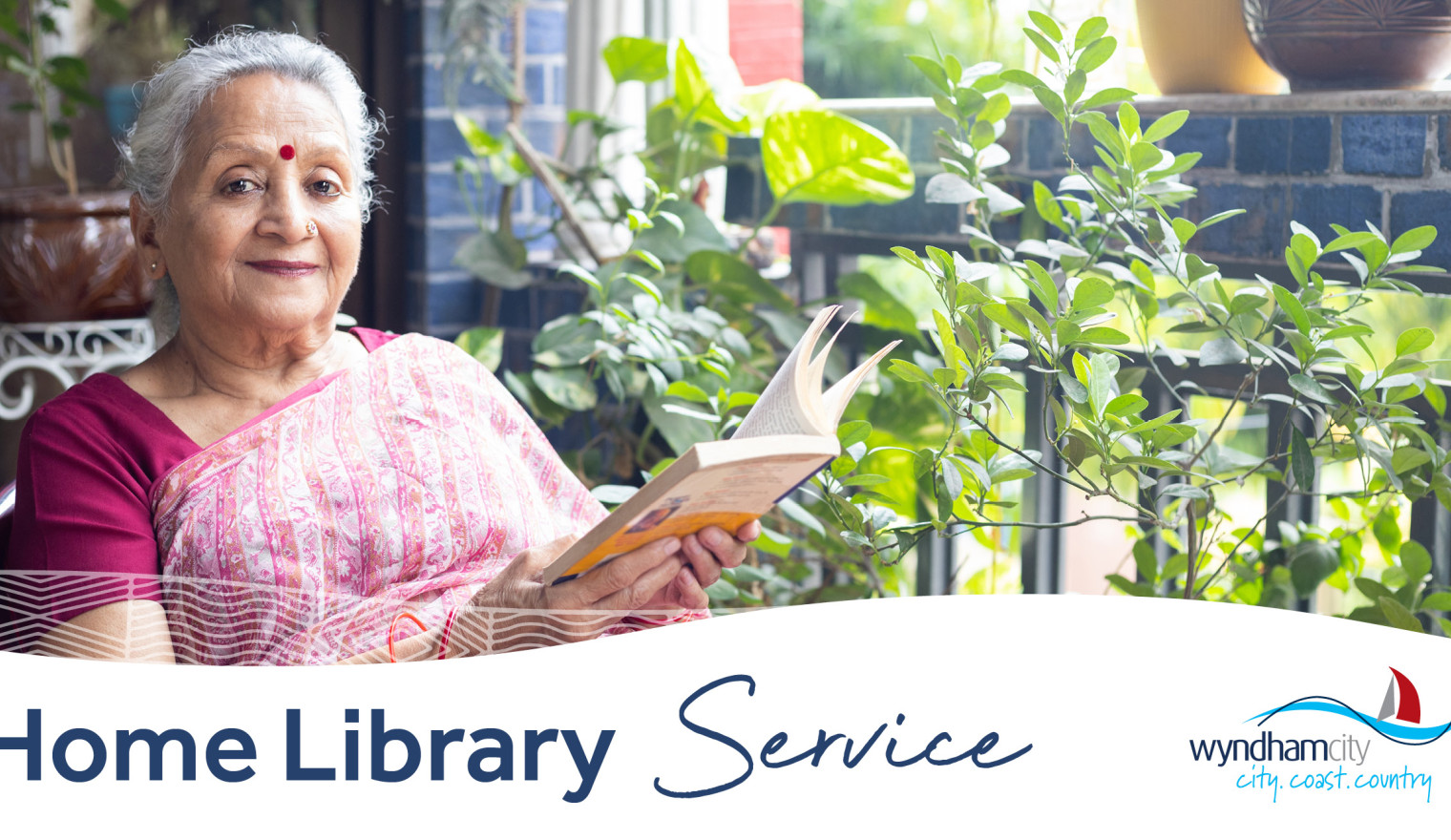 Home Library Service text banner with a picture of an older woman reading in a garden. The Wyndham City Logo is in the bottom right corner