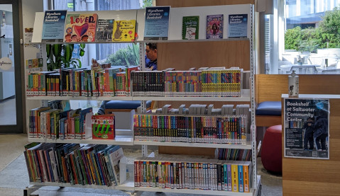 2 bays of white bookshelves at the Saltwater community centre