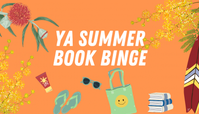 The text YA Summer Book binge on an orange ground surrounded by summery images such as sunscreen, a surfboard, flowers and books