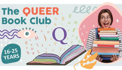 a collage image including the text "The Queer Book Club" and a person holding some books and looking excited