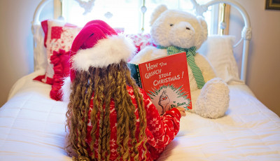 A child wearing a santa hat is reading How the Grinch stole Christmas to a teddy bear