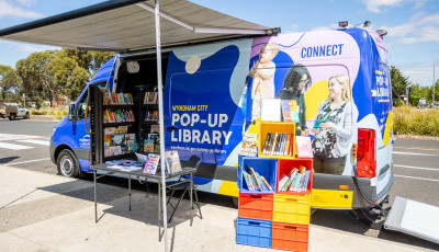 The Pop Up Library Van with awning up ready for patrons