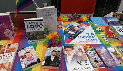 A display of books and rainbows