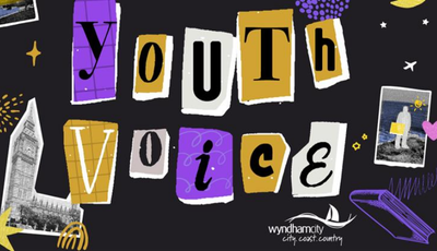 Image features purple, white and mustard colour text on a black background. Text reads Youth Voice.