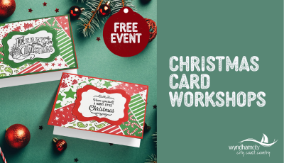 Promotional graphic for Wyndham City Christmas Card Workshops. The image shows two festive Christmas cards with decorative designs, surrounded by ornaments and candy canes. A red tag reads ‘Free Event,’ and bold text on a green background says ‘Christmas Card Workshops.’ The Wyndham City logo appears at the bottom.