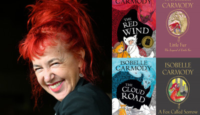 Isobelle Carmody smiling next to four of her book covers.