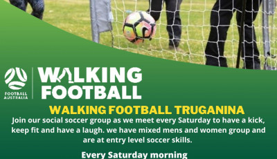 A flyer with an image showing older adults kicking a football