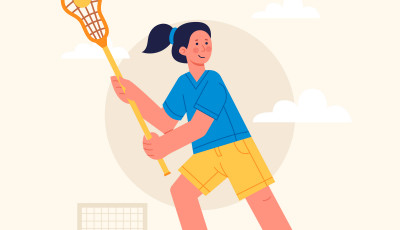 a drawing of a person holding a lacrosse stick standing infront of a goal, wearing yellow shorts and a blue top
