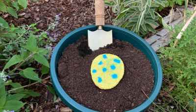 A pot of soil with a paper seed card shaped like an Easter egg.