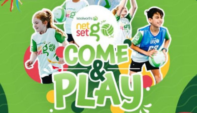 Come and Play is written on a green background with pictures of various children holding Netballs