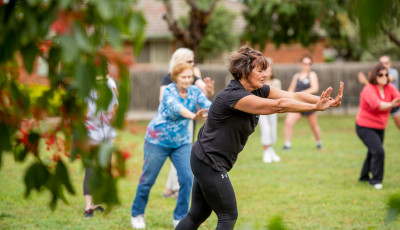 a group of people are standing on grass pushing forward with their arms, the closest person is wearing a black top and bottoms, the next person a blue top and bottoms