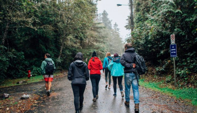 a group of people wearing different coloured rain jackets walk down a street away from the camera