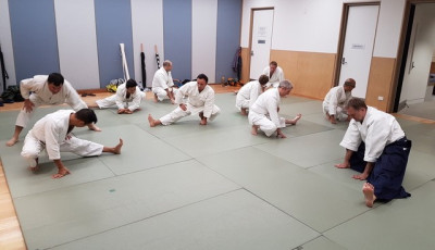 a groups of adults wearing white martial art uniforms are spread out on green mats, crouched down with one foot stretched out to the side
