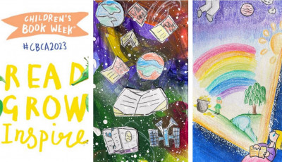 The Book Week theme, 'Read, Grow, Inspire' next to two hand-drawn bookmarks.