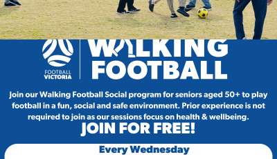 a flyer with a group of people aiming to kick a yellow football