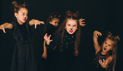 a group of girls are dressed in black with cat make-up and acting at the camera