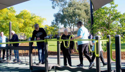 a group of people are exercising on park equipment