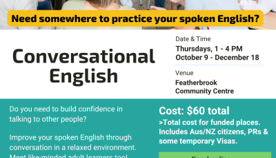 Improve your spoken English through conversation in a relaxed environment. Meet like-minded adult learners too!