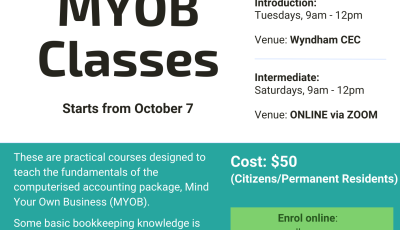Are you looking to understand the basics of MYOB from an experienced trainer? This course is for you!  Runs 1 day a week for 10 weeks. Starting October 7!