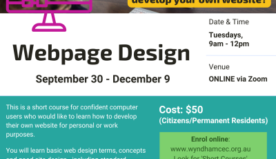 Do you want to learn how to make an eye catching and personalised webpage? This course is for you!  Runs 1 day a week for 10 weeks. Starting September 30!