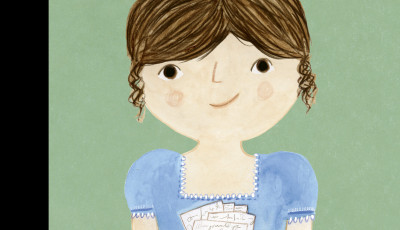 A book cover featuring an illustration of a young Jane Austen holding writing paper and a pen.
