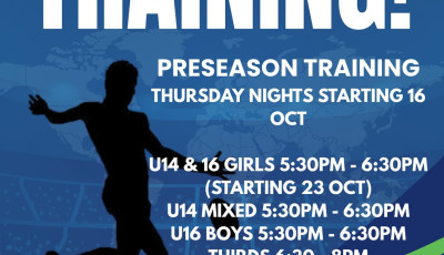 an image with a sihouette of a person kicking a ball and text with Preseason training and the times