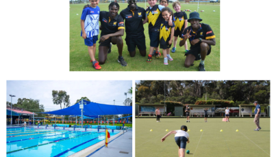 Three photos: one with children wearing a the Werribee Football Club top, a swimming pool and a boy playing lawn bowls