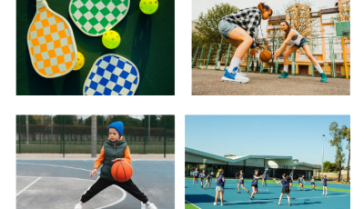 Four pictures of pickleball batsm a kid bouncing a basketball, 2 girls bouncing a basketball and a Netball team playing