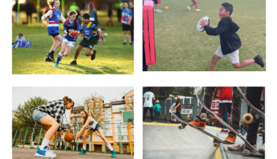 Four pictures of kids playing: AFL Footy, Basketball, Rugby League and Skateboarding