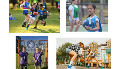 Four photos of children playing sport: Footy, Netball, Lacrosse and Basketball