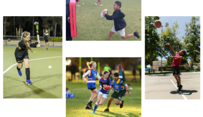 four photos of kids playing sport: hockey, Footy, Rugby League and Basketball