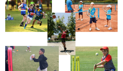 Five photos of kids playing Tennis, Footy, Rugby League, Basketball and Cricket